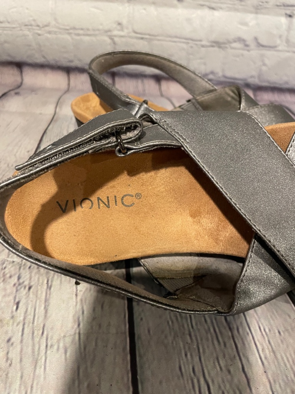 Vionic Metallic Gray Crisscross Slingback Wedge Sandals - Picture 2 of 10